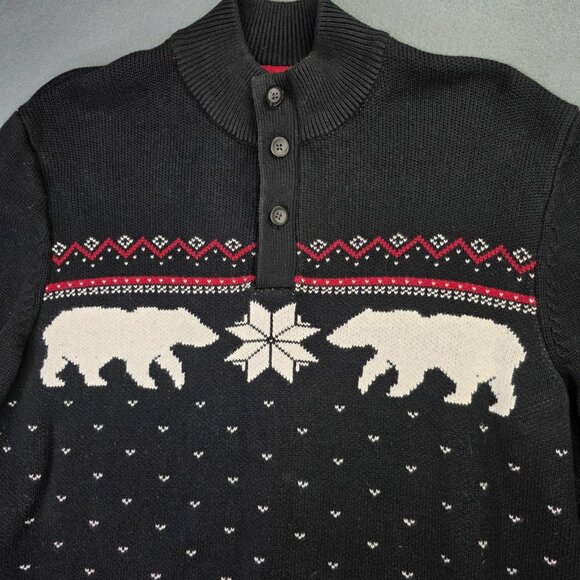 Chaps Sweater Mens Large Black Mock Neck 3-Button Fair Isle Polar Bear Cotton - Picture 2 of 9